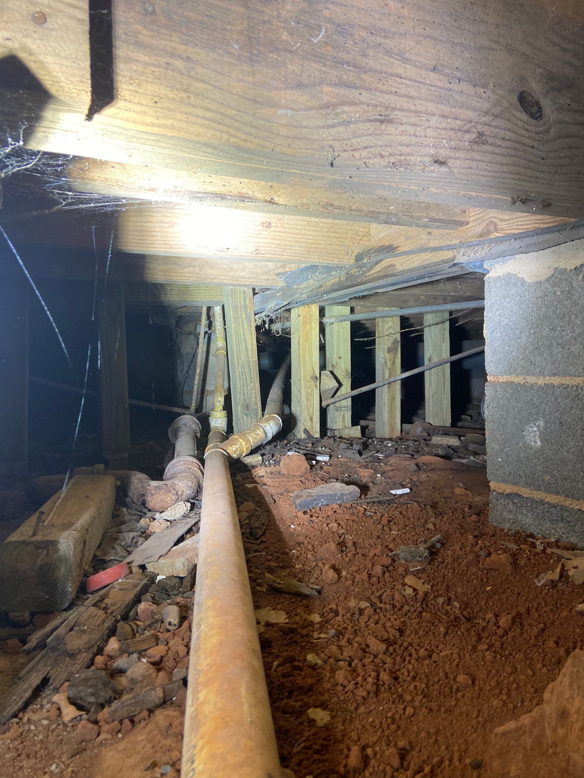 Underneath a house: wooden beams and supports on dirt floor, water drips, pipes run along the ground.