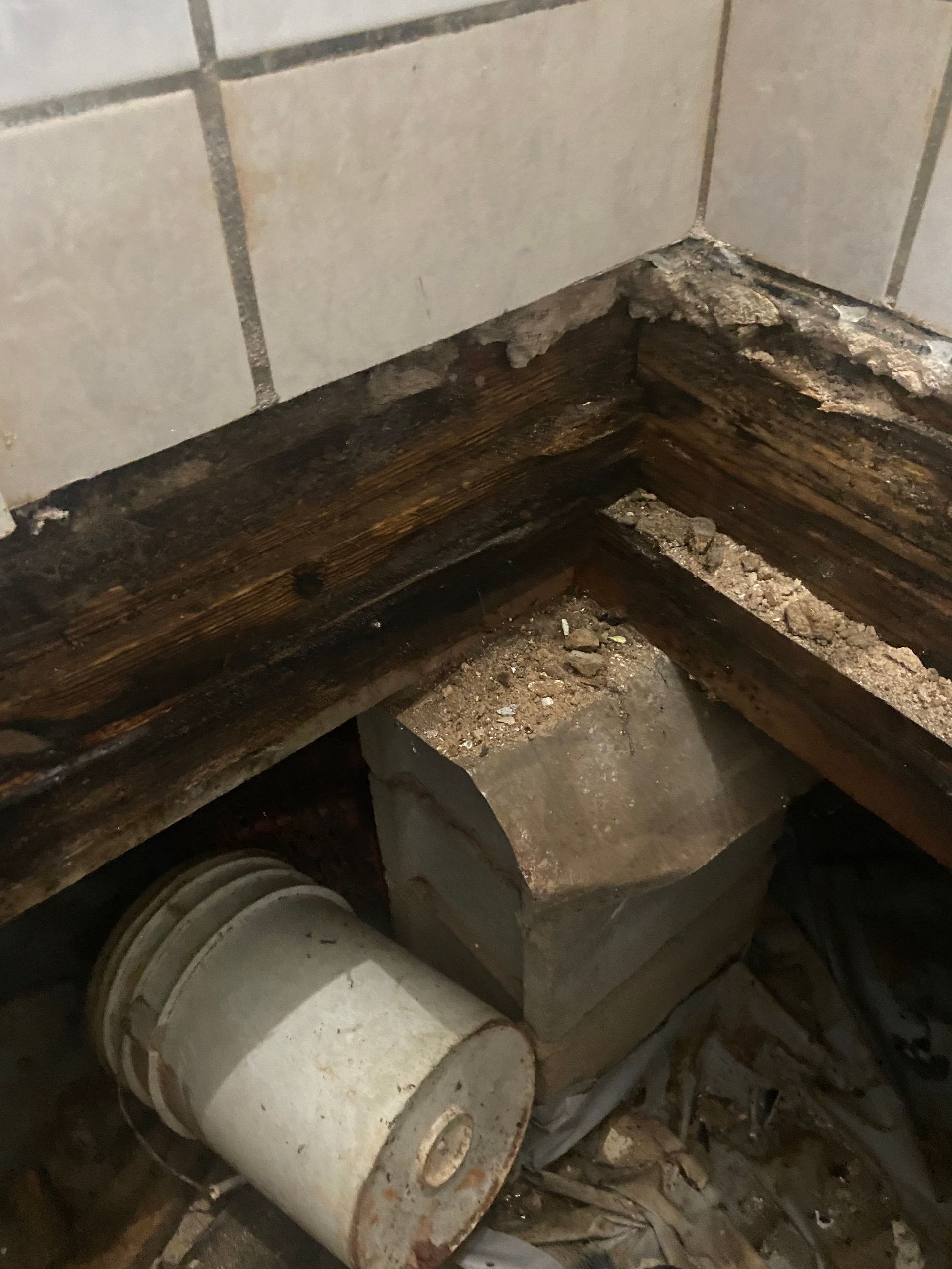 Damaged bathroom baseboards, wood is dark, crumbling.  White tile wall in background. Bucket and block on floor.
