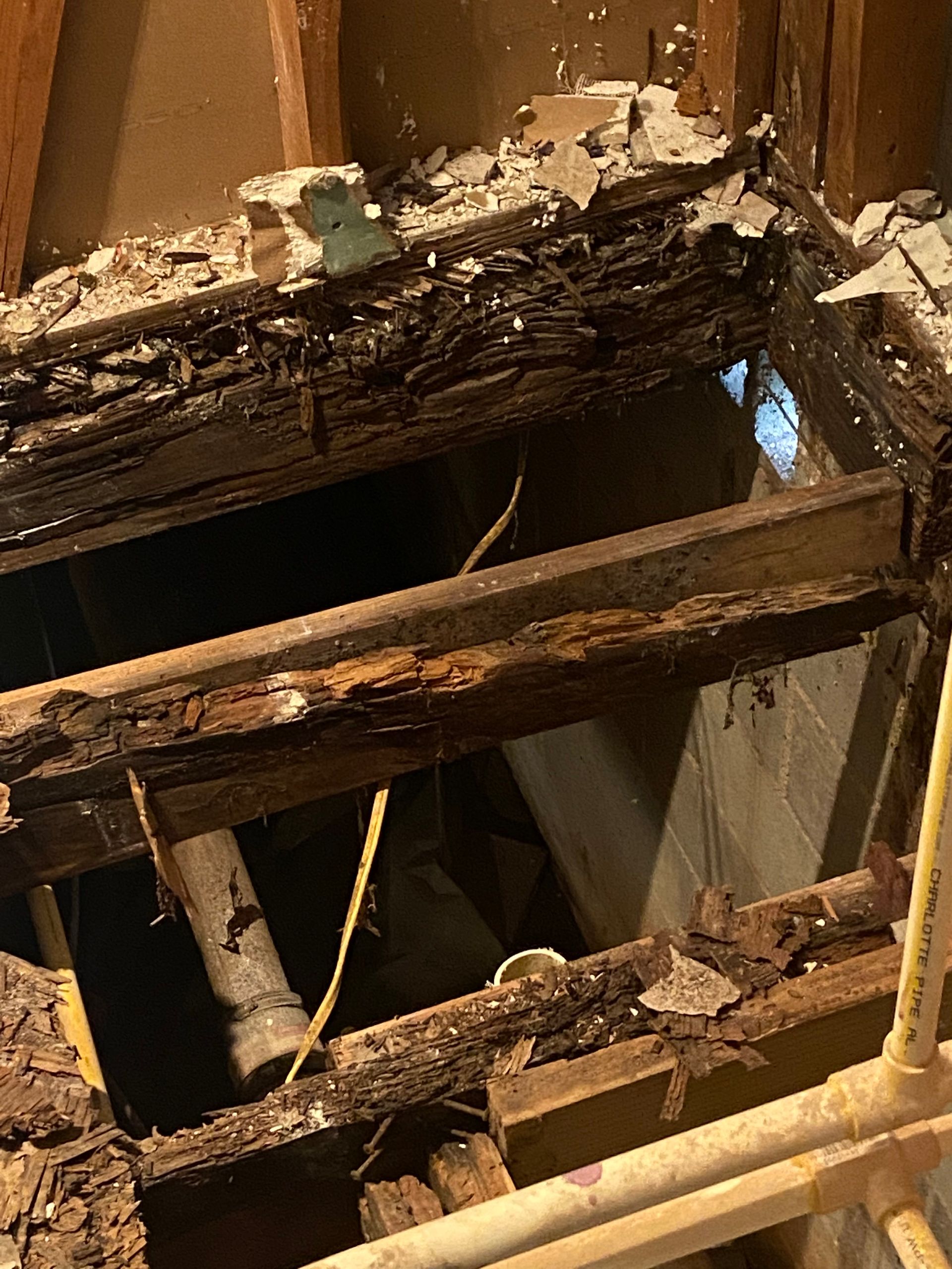 Rotten wood damage in a ceiling, revealing pipes and wiring. Dark colors, debris.