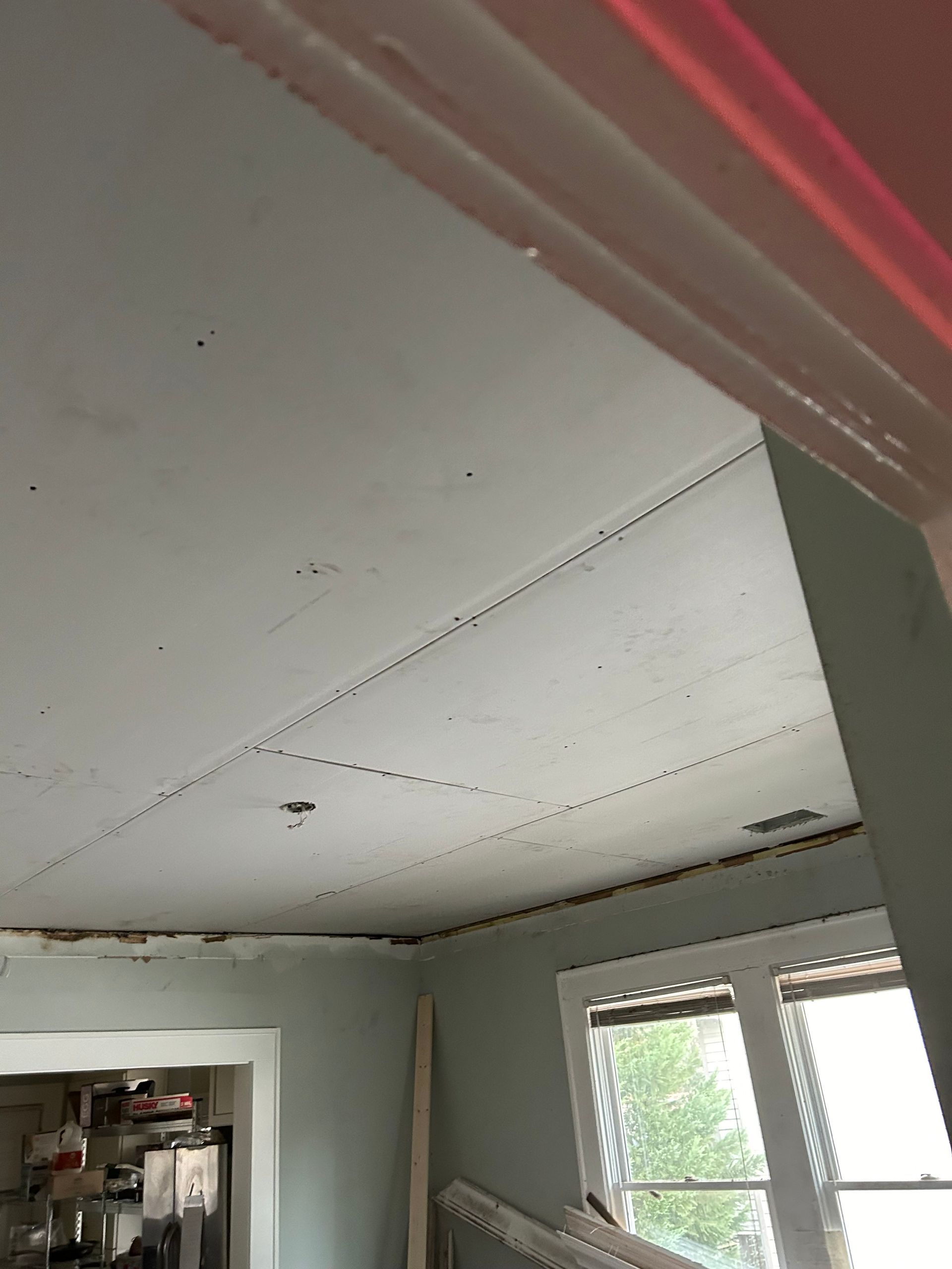 Ceiling with visible seams, part of a room, framed by white trim and a doorway.