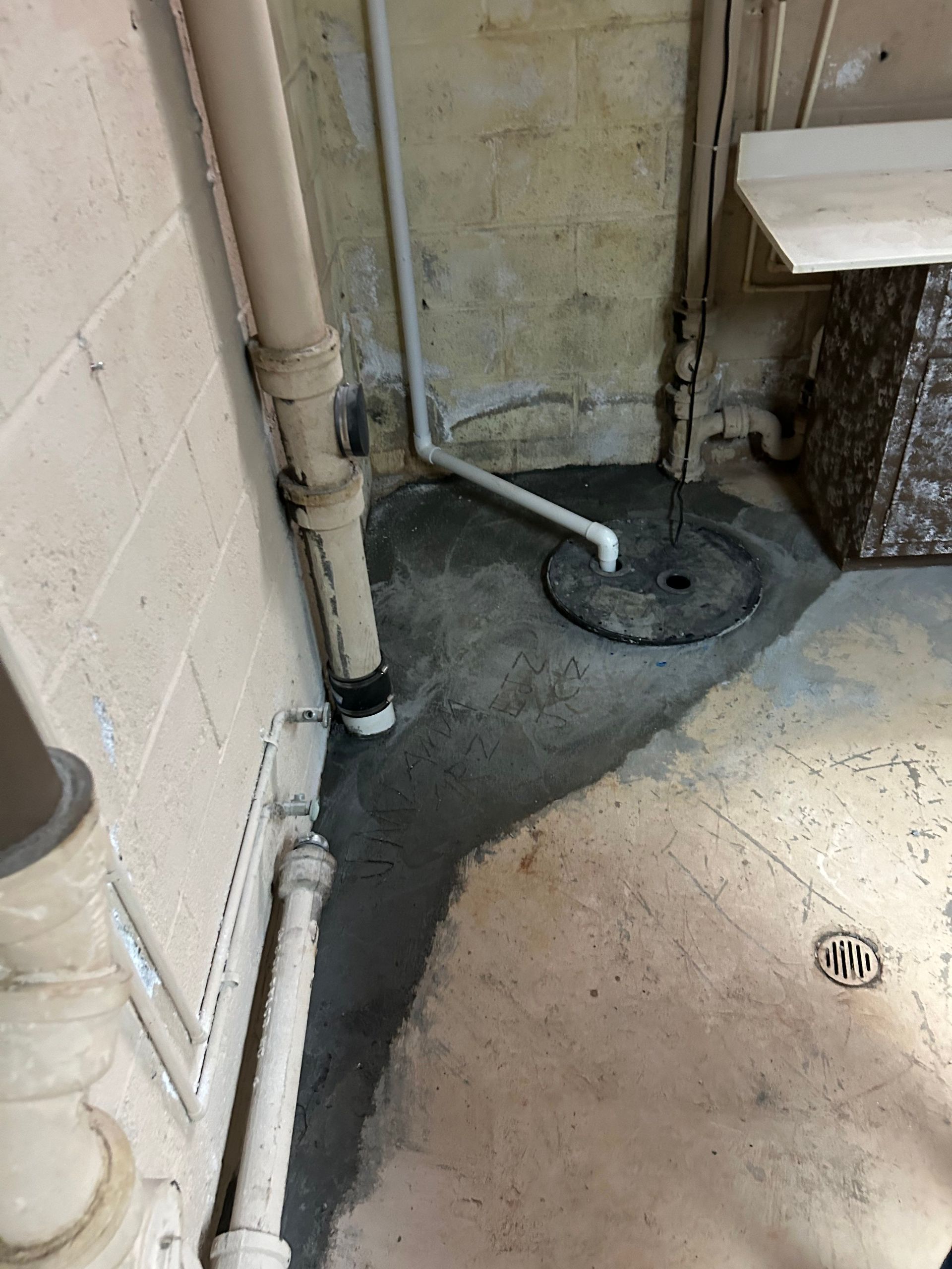 Basement corner with a sump pump, pipes, and a concrete floor. Gray walls and pipes.