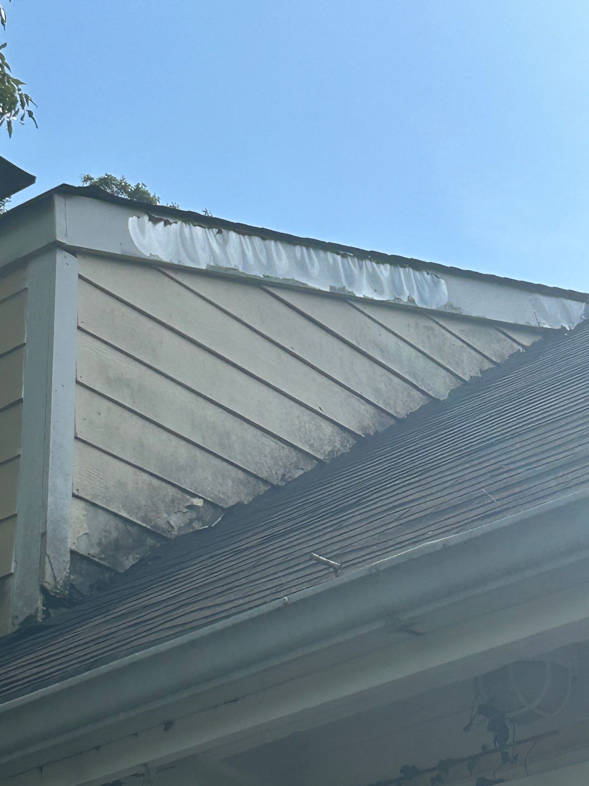 Angled roof with faded siding, mold, and algae buildup, under a clear sky.