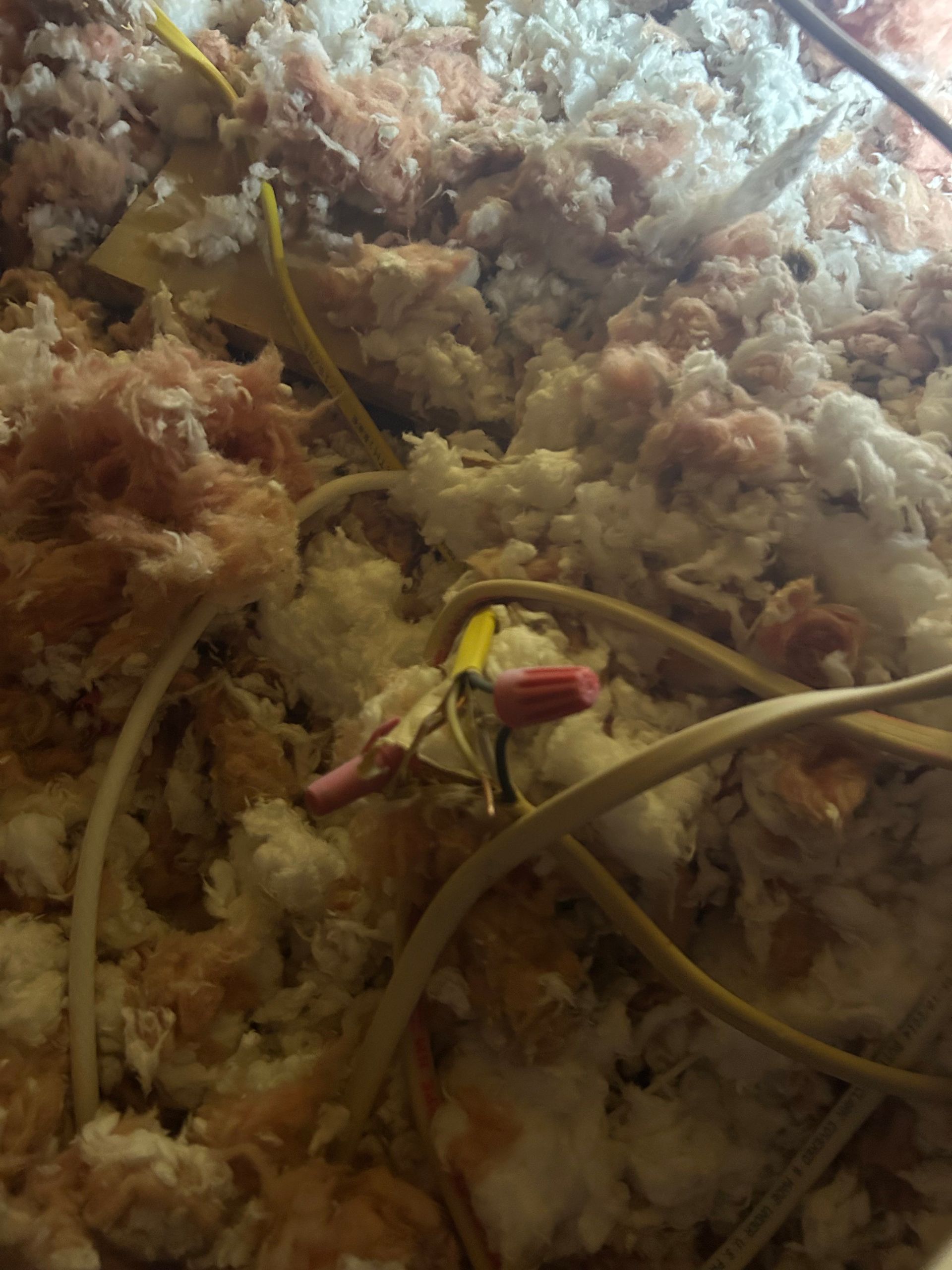 Yellow electrical wires and wire connectors in pink and white insulation in an attic.