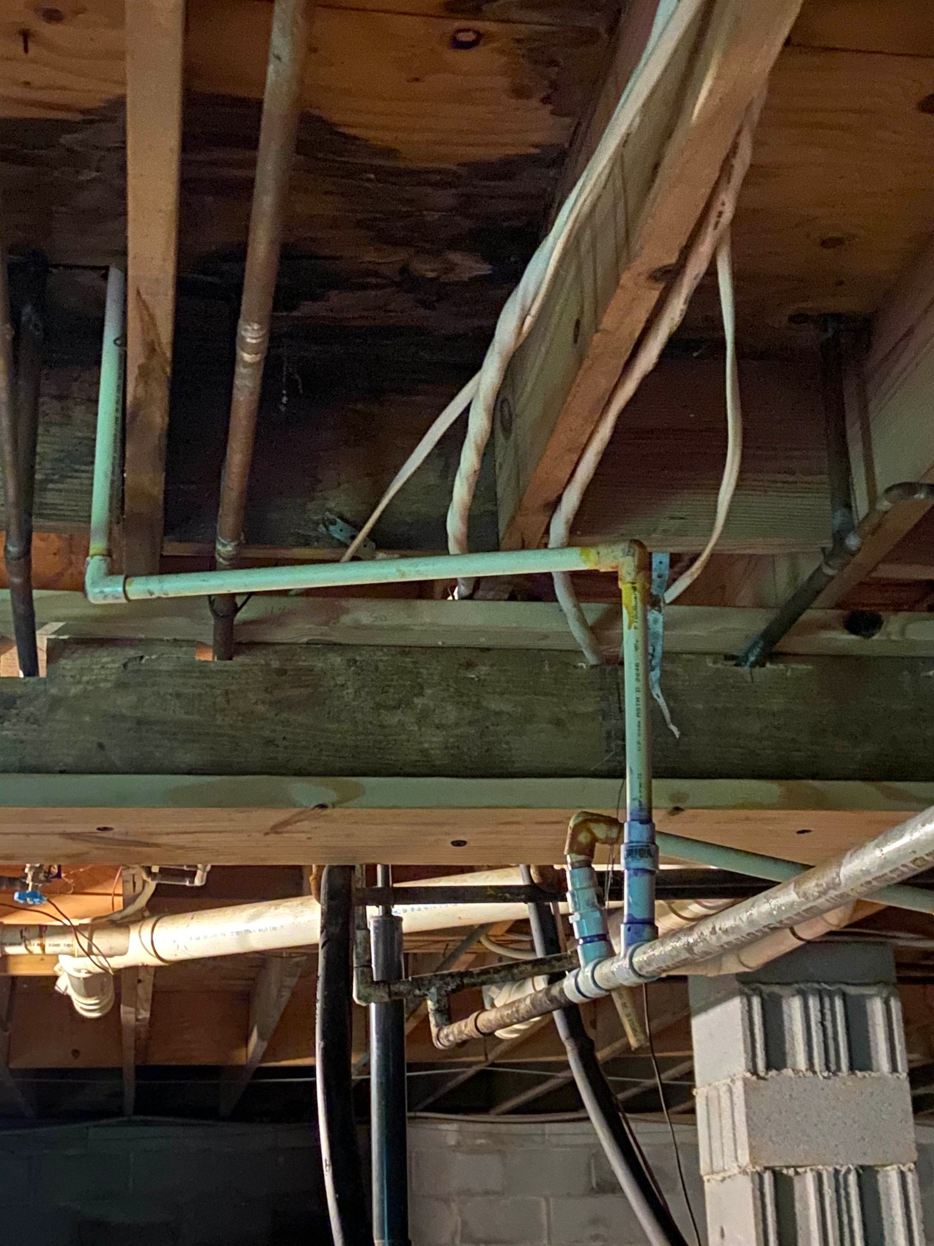 View from below showing plumbing and support beams in a basement. Green pipes, white insulation, and gray cinder blocks.