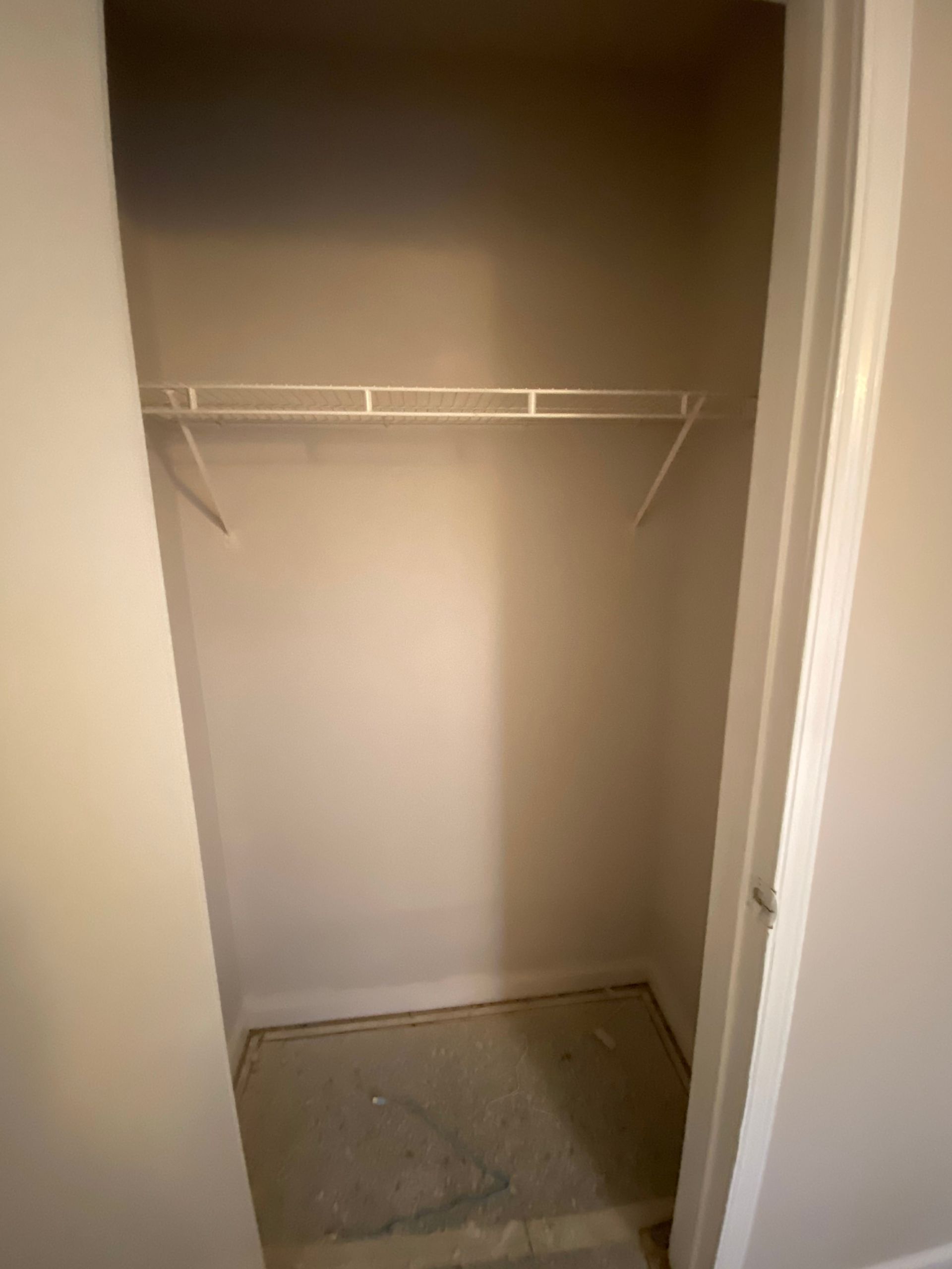 Empty white closet with a wire shelf and tan walls.
