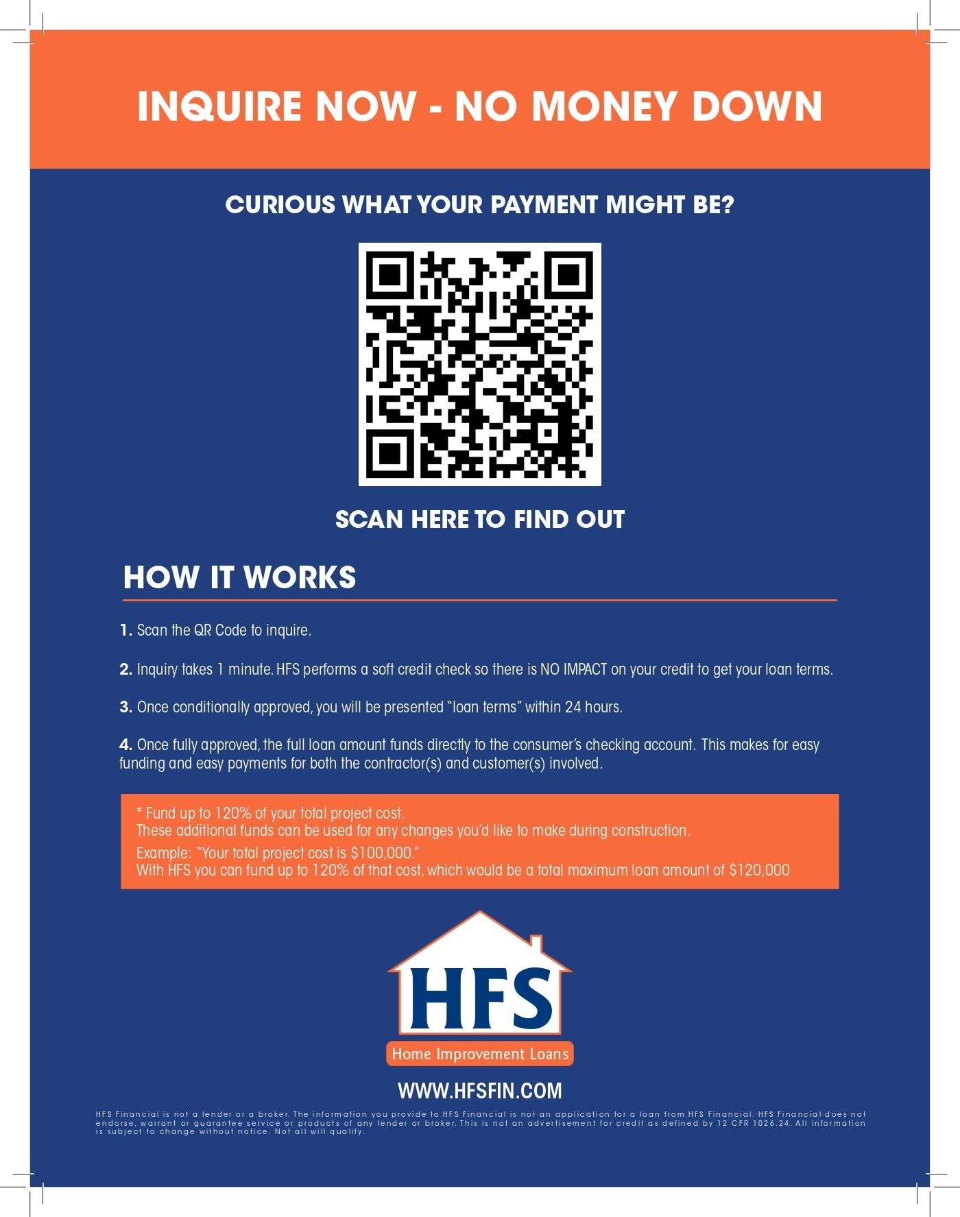 A poster that says `` inquire now no money down '' with a qr code on it.