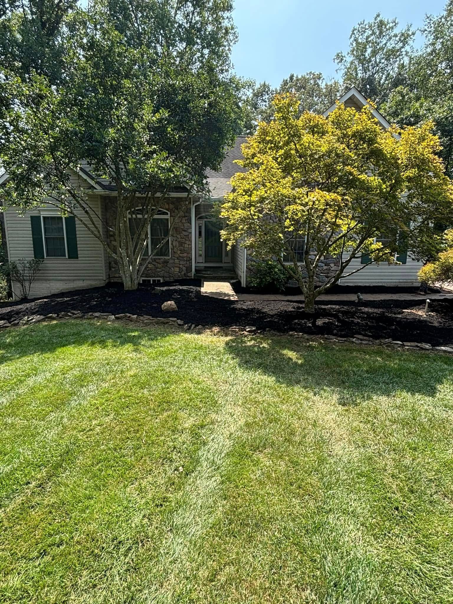 A single-story suburban house with light-colored siding, a stone entryway, and trees in a landscaped front yard.
