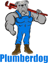 Muscular bulldog in blue overalls holding a pipe wrench, the word "Plumberdog" below.