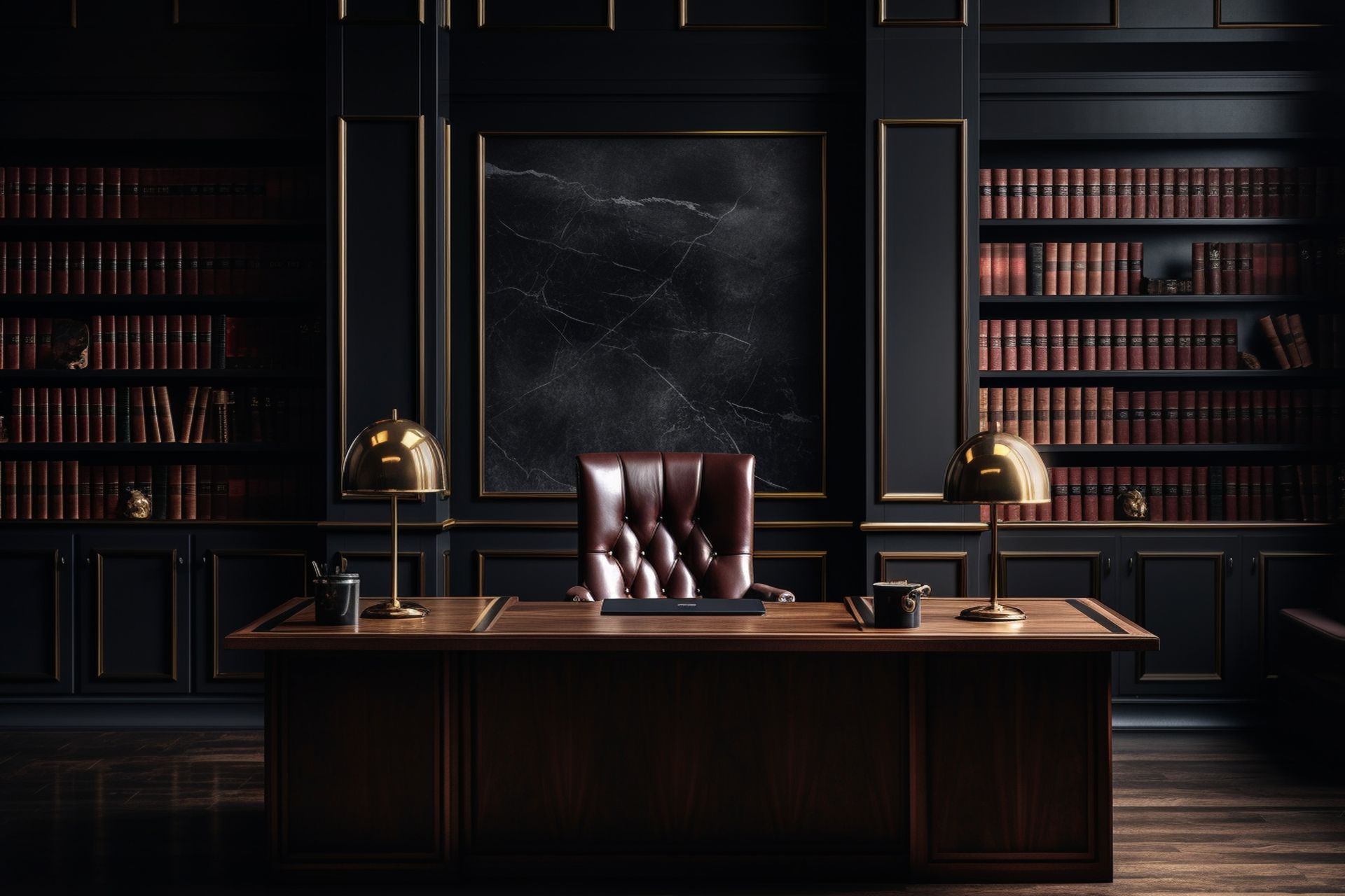 Dark, luxurious office with leather chair, mahogany desk, bookshelves, and two brass lamps.