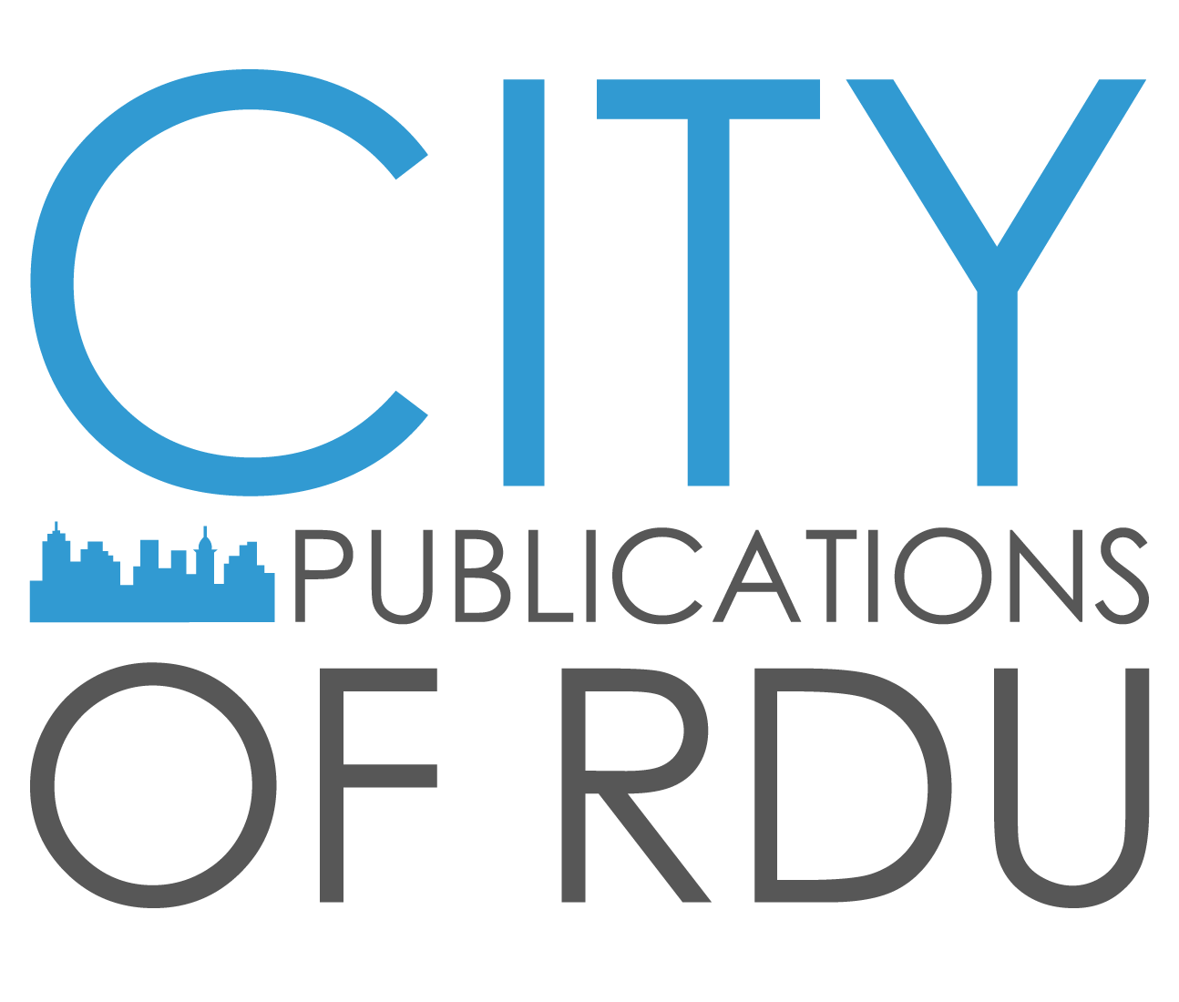The logo for city publications of raleigh rdu is blue and gray.