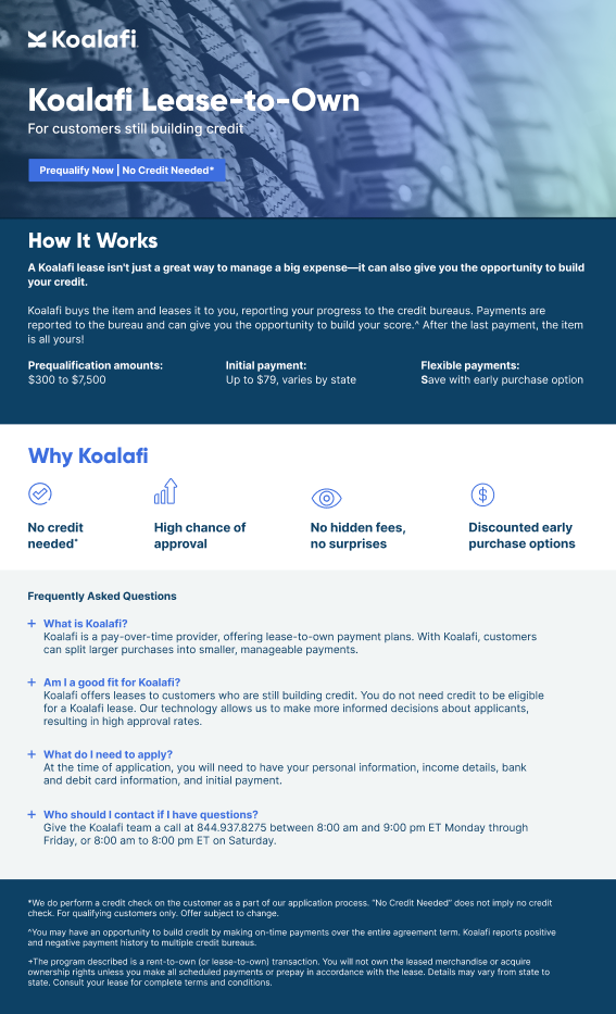 Koalafi Lease-to-Own advertisement with details on how the program works and its benefits.
