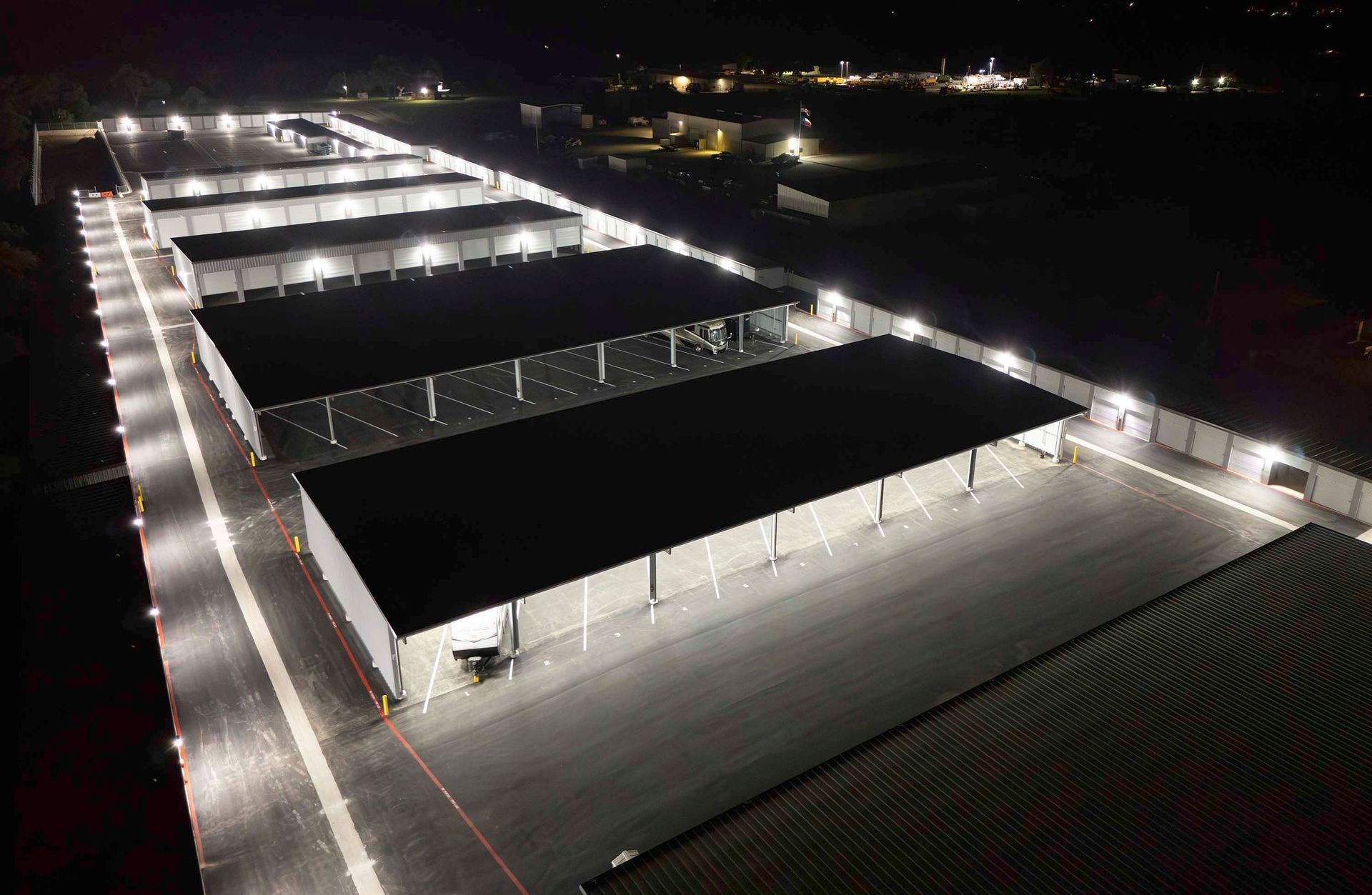 A well-lit storage facility to enhance security for your boat, RV, and other stored items near New Braunfels, TX