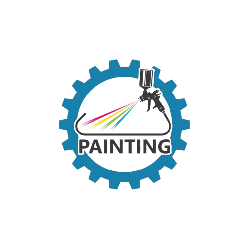 Blue gear framing a paint gun spraying colorful paint, with 