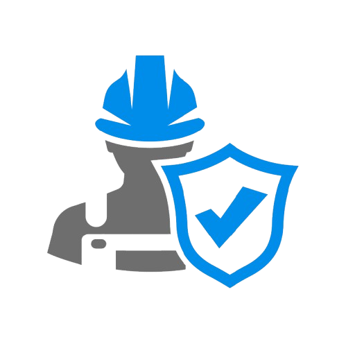 Construction worker with blue hard hat and a shield with a checkmark, symbolizing safety.