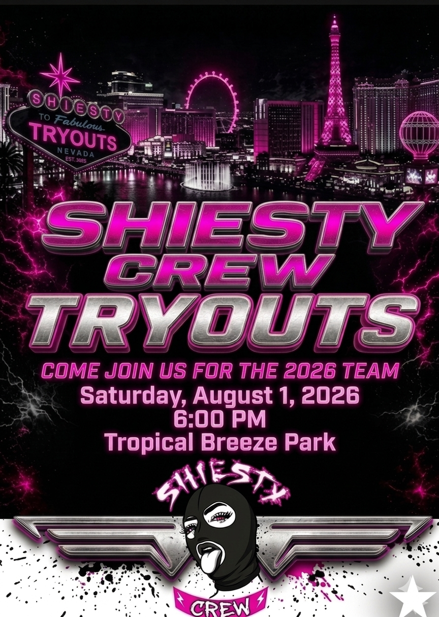 Pink “Shiesty Crew Tryouts” flyer with city skyline, date, time, and Tropical Breeze Park venue details
