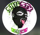 Graffiti-style logo with a masked face and neon green-pink text reading “SMILE SEXY CREW”