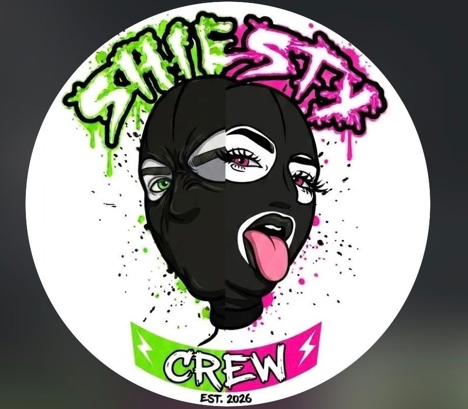 Graffiti-style circular logo with an illustrated black face, pink tongue out, and “SHE’S SEXY CREW” text.
