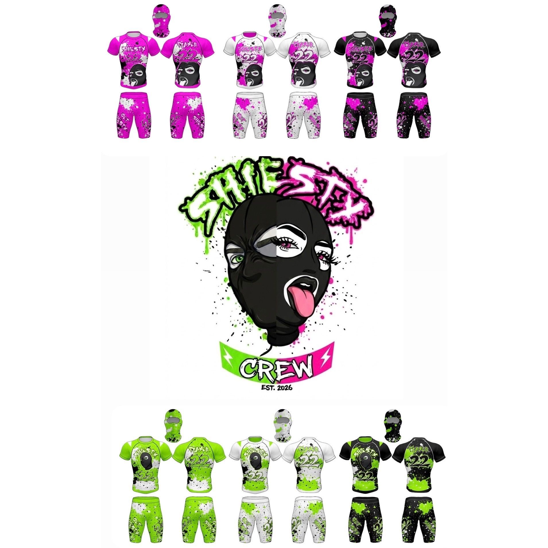 Five masked character graphics in pink, black, and green around a central crew logo on white background