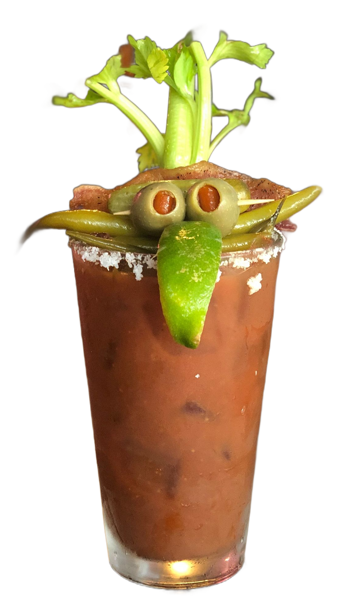 Bloody Mary cocktail with celery, olives, pepper garnish, and a lime tongue, on a white background.