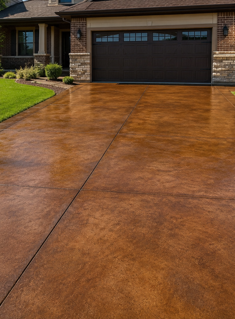 Rain-slick concrete driveway in front of a beige house with two dark garage doors