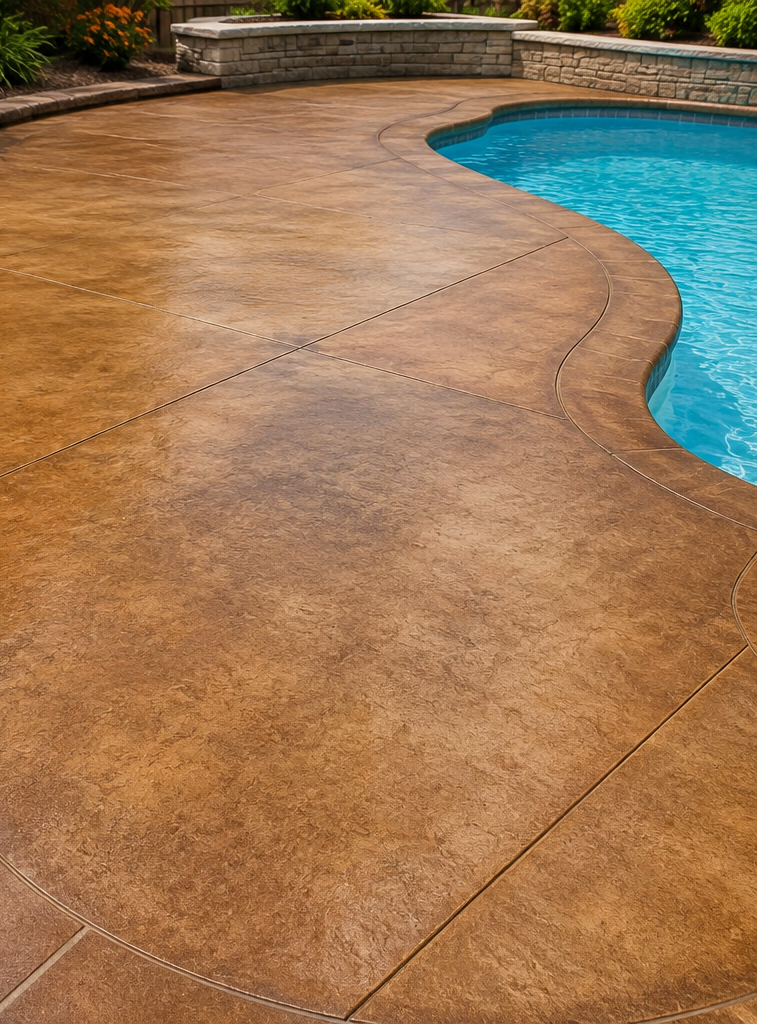 Curved concrete pool edge beside calm blue water in a landscaped backyard