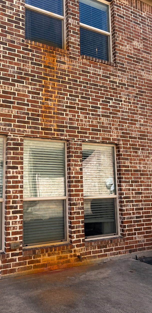 Red brick building facade with two windows and a wet pavement below.