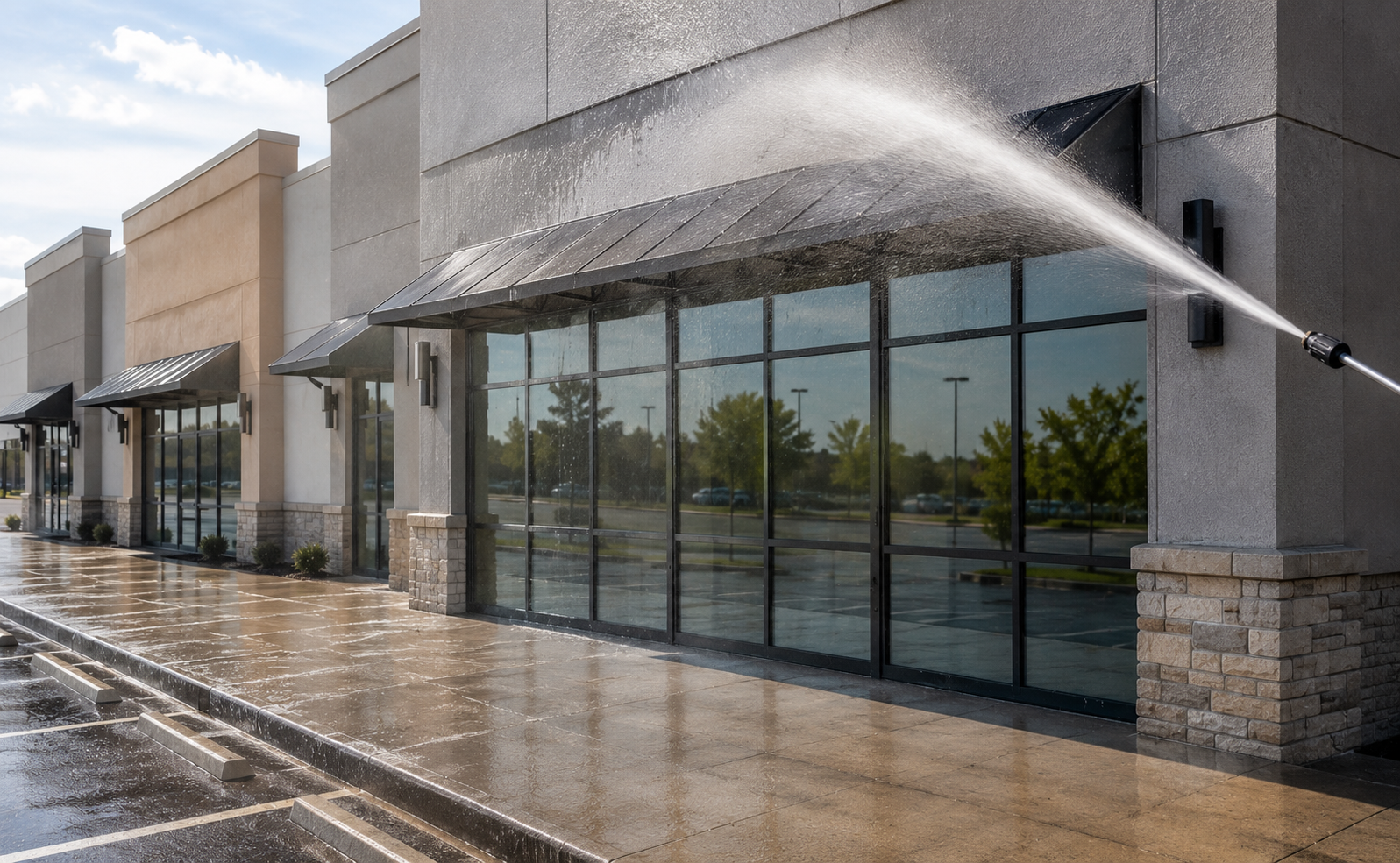 Storefronts being pressure-washed, with water spraying across glass windows and wet pavement.
