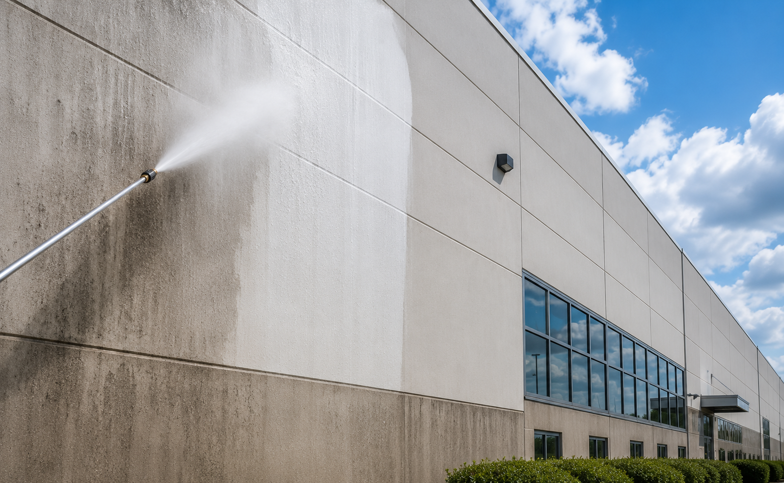 Power washing a concrete building wall beside blue-tinted windows under a partly cloudy sky