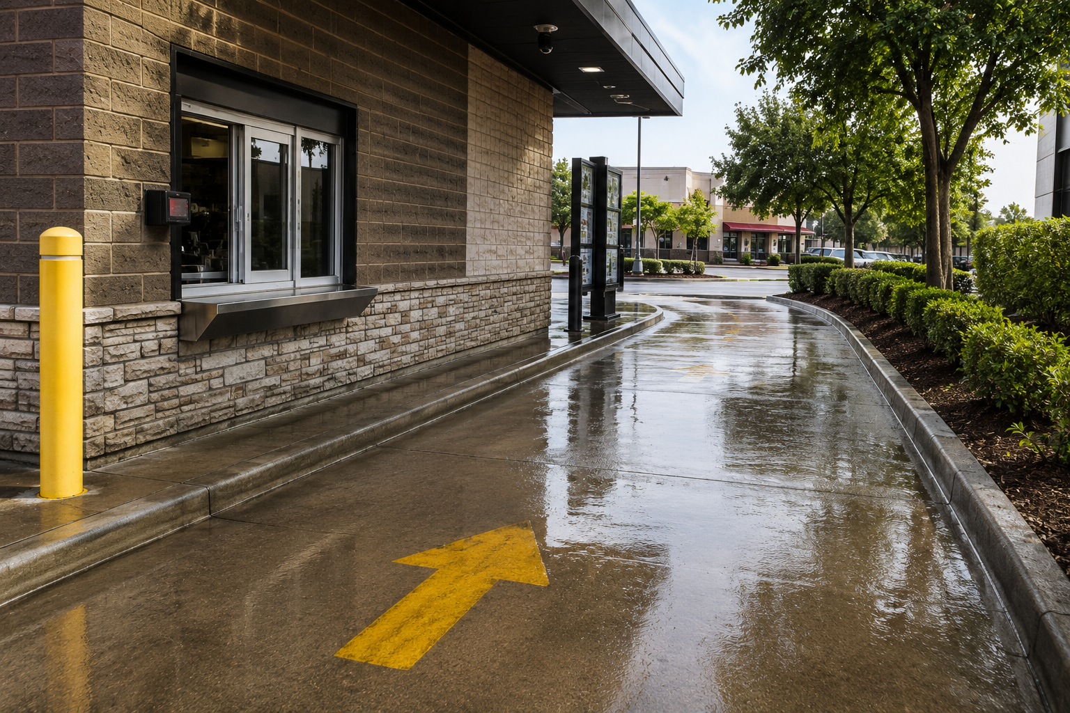 Wet drive-thru lane beside a brick building, with a yellow arrow painted on the pavement.