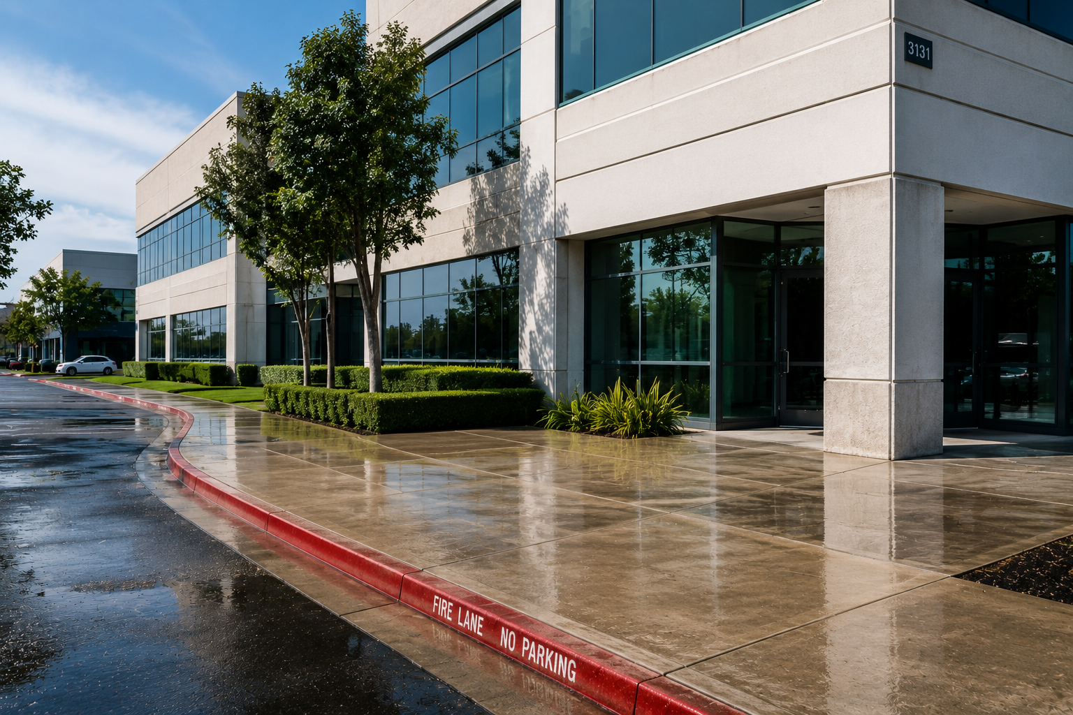 Modern office building with wet sidewalk and red curb on a rainy day