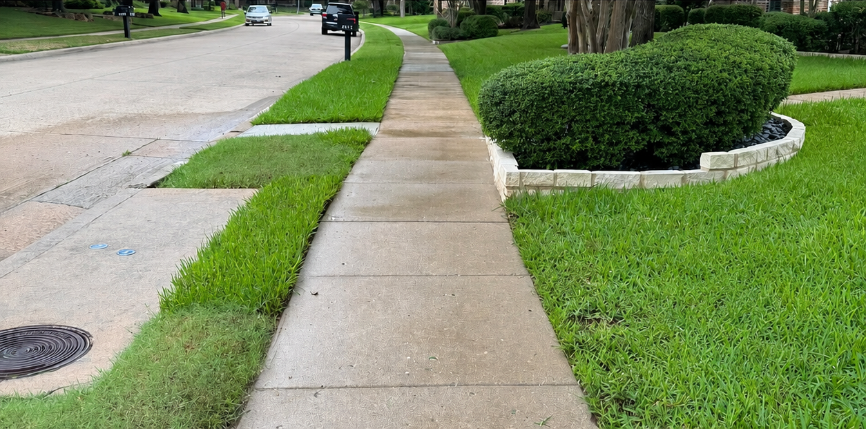 Concrete driveway before and after pressure washing, split between dirty and clean sections