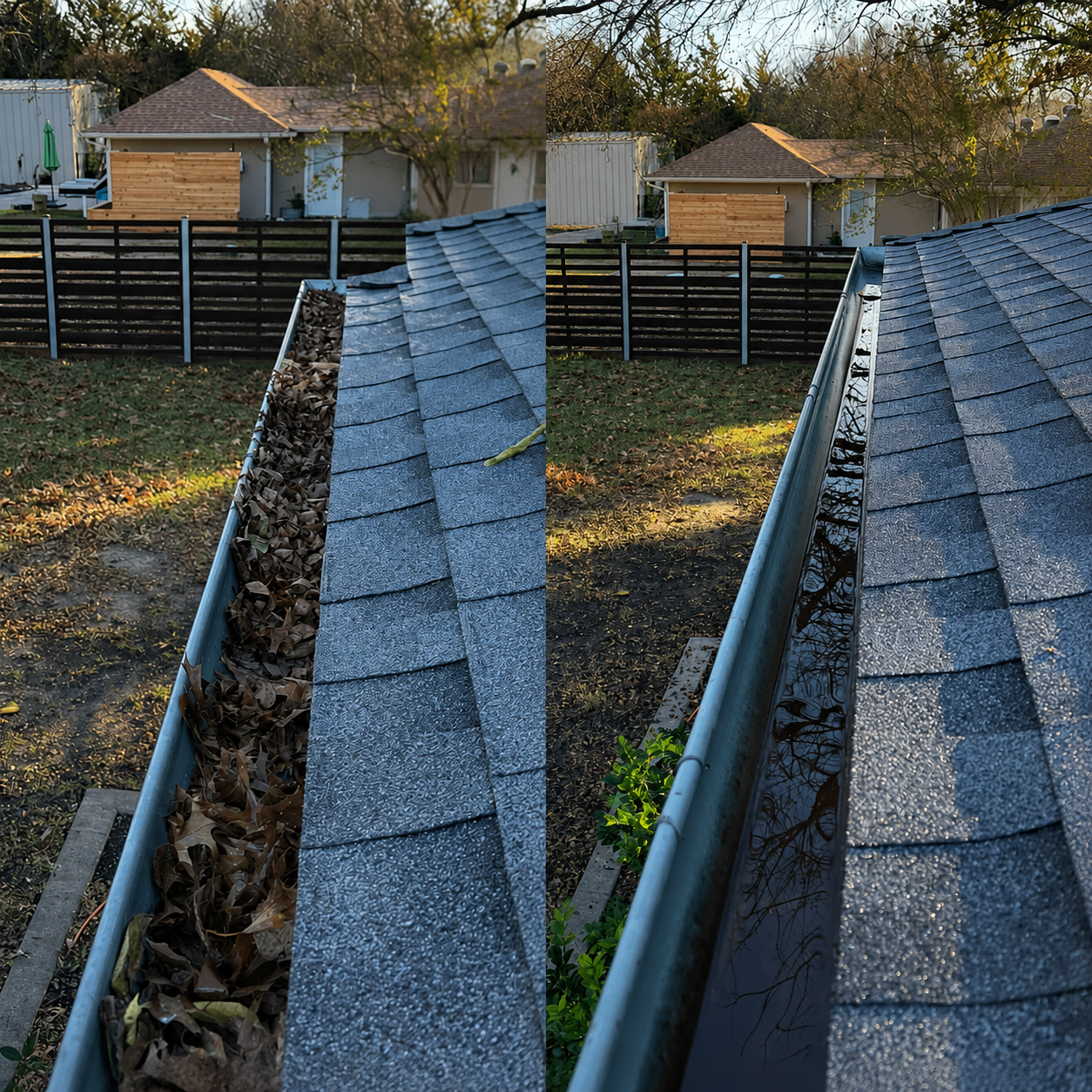 Gutter filled with leaves and debris beside a shingled roof edge
