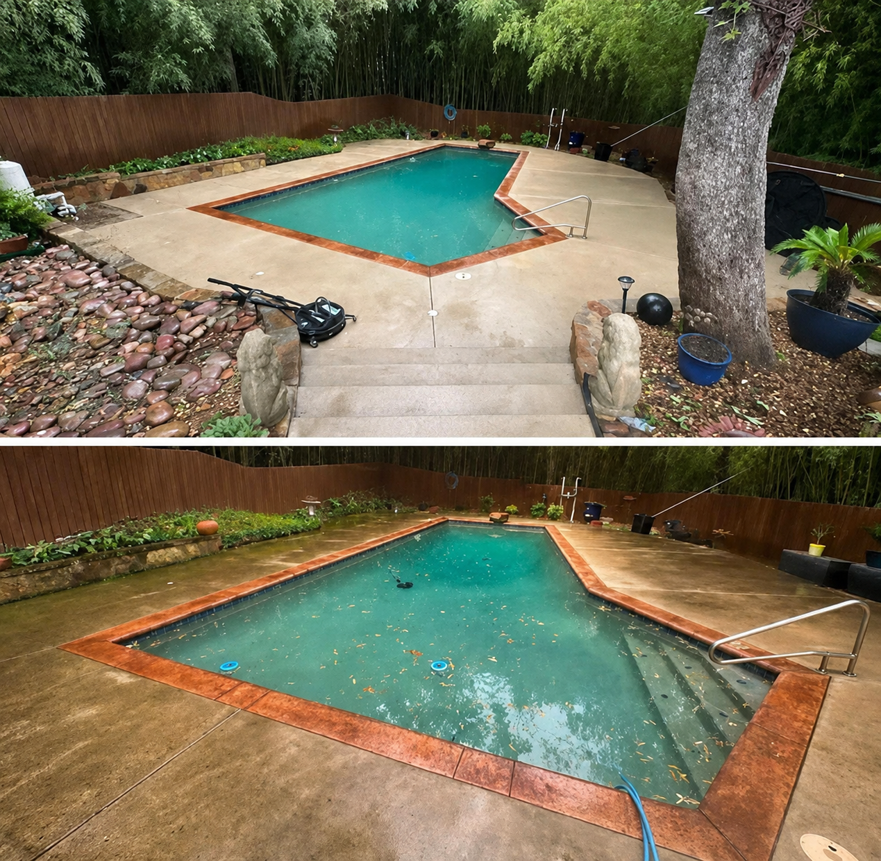 Pressure washing terracotta tiles on a wet patio floor
