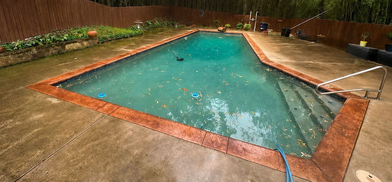 Empty backyard swimming pool with turquoise water, wet concrete deck, and wooden privacy fence at night