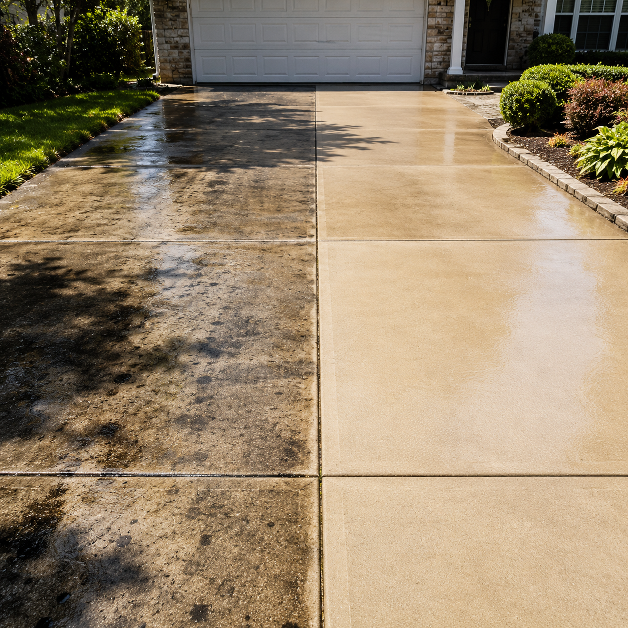Concrete driveway before and after pressure washing, split between dirty and clean sections