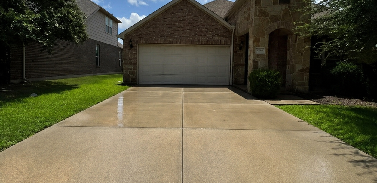 Suburban house with two-car garage and sunlit concrete driveway, framed by neighboring homes and green lawn