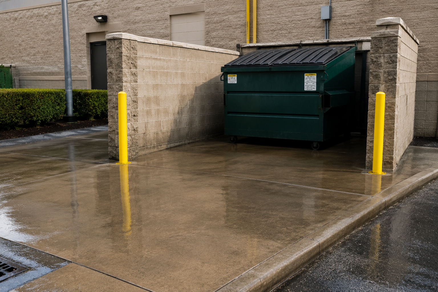 Wet concrete loading dock with green dumpster and yellow bollards beside a brick building