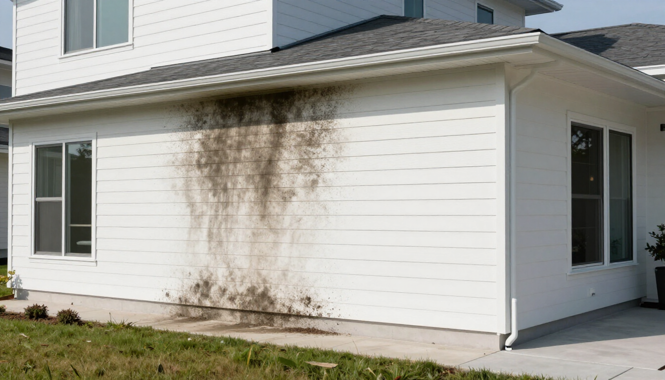 White house exterior with large brown water stain on siding near the corner of the building