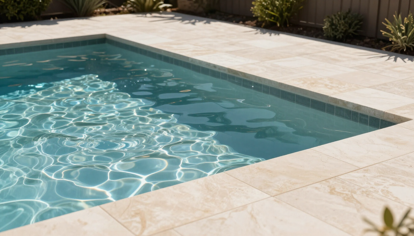 Clear blue swimming pool beside a beige stone deck in bright sunlight