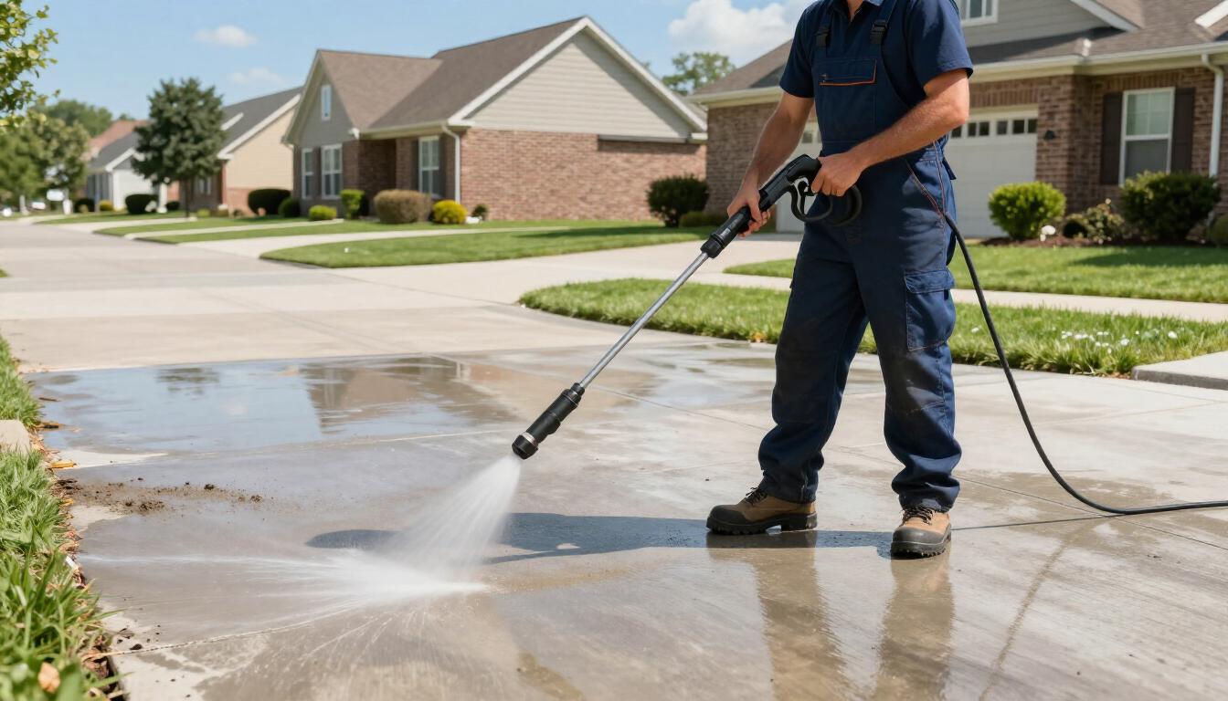 Worker pressure-washing a driveway in a suburban neighborhood