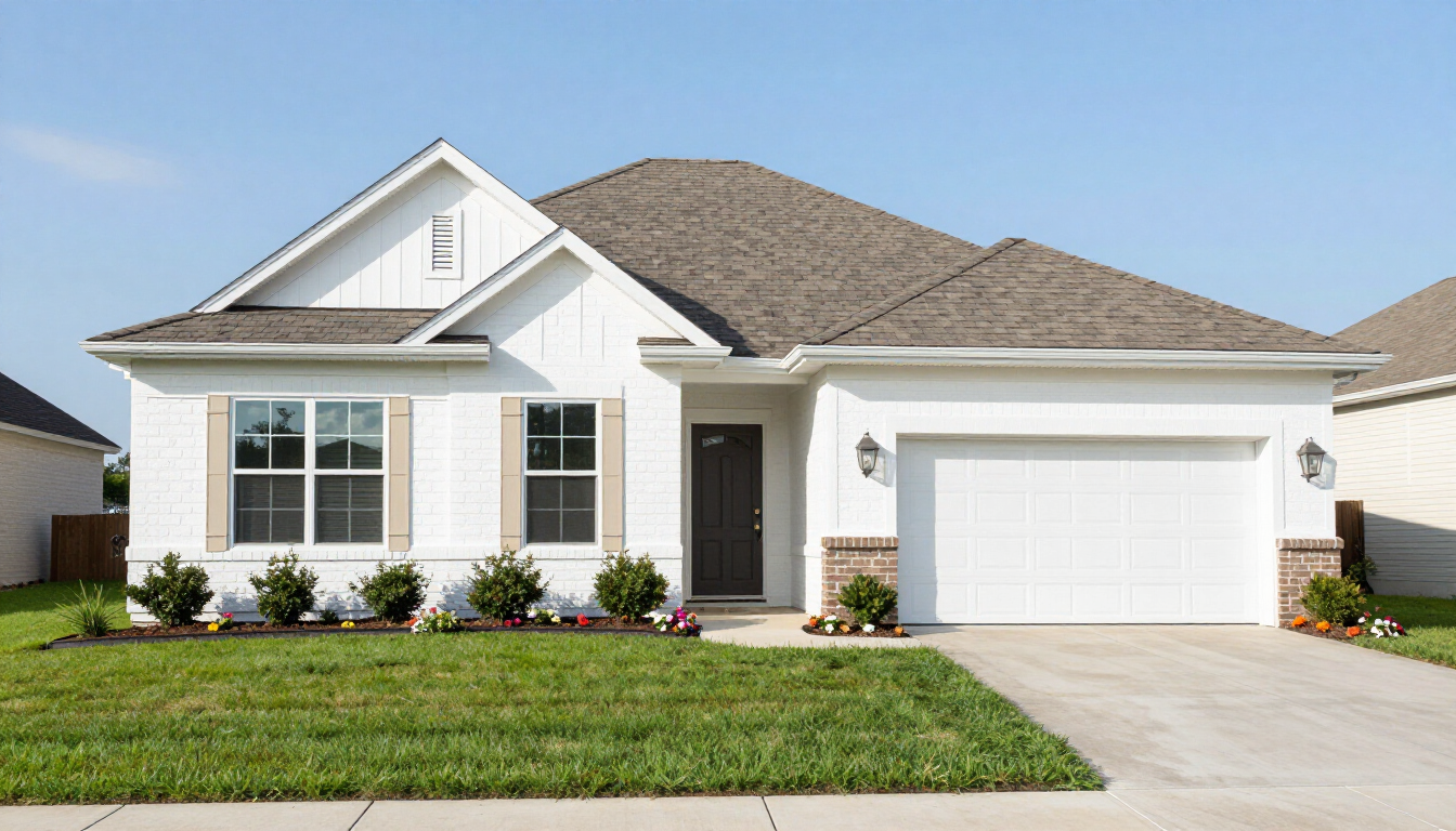 Single-story suburban house with white exterior, gray roof, front lawn, and two-car garage under a clear sky
