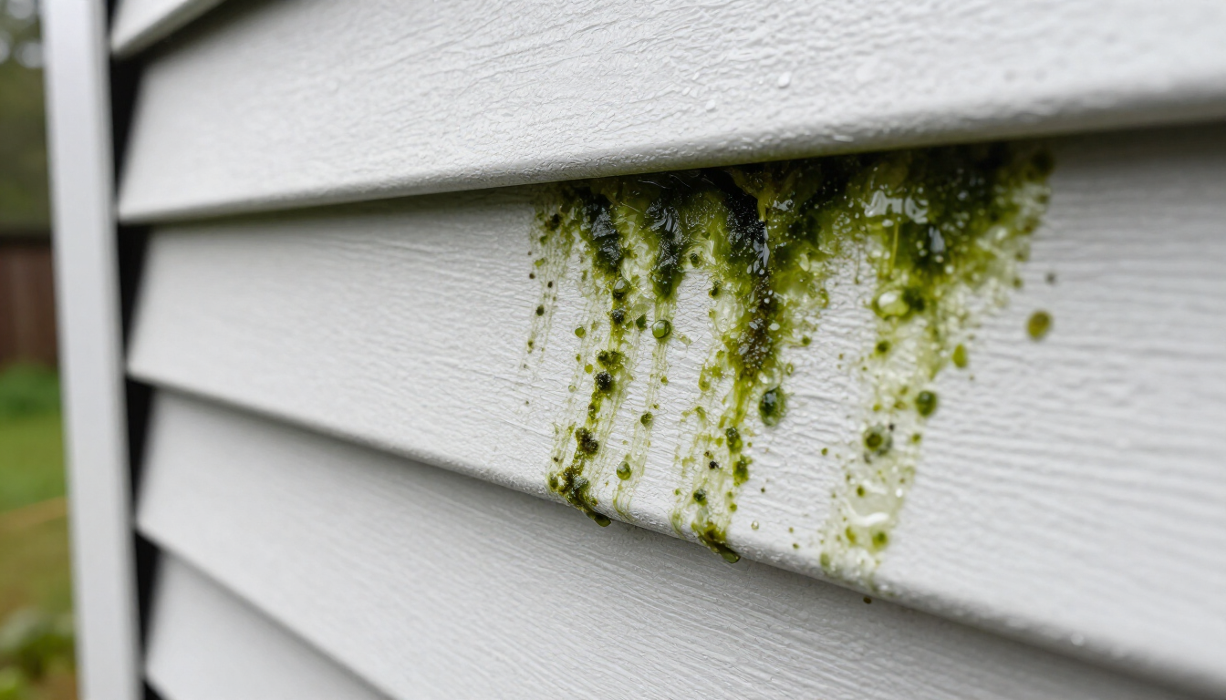 White house siding with green moss streaks growing beneath the eaves