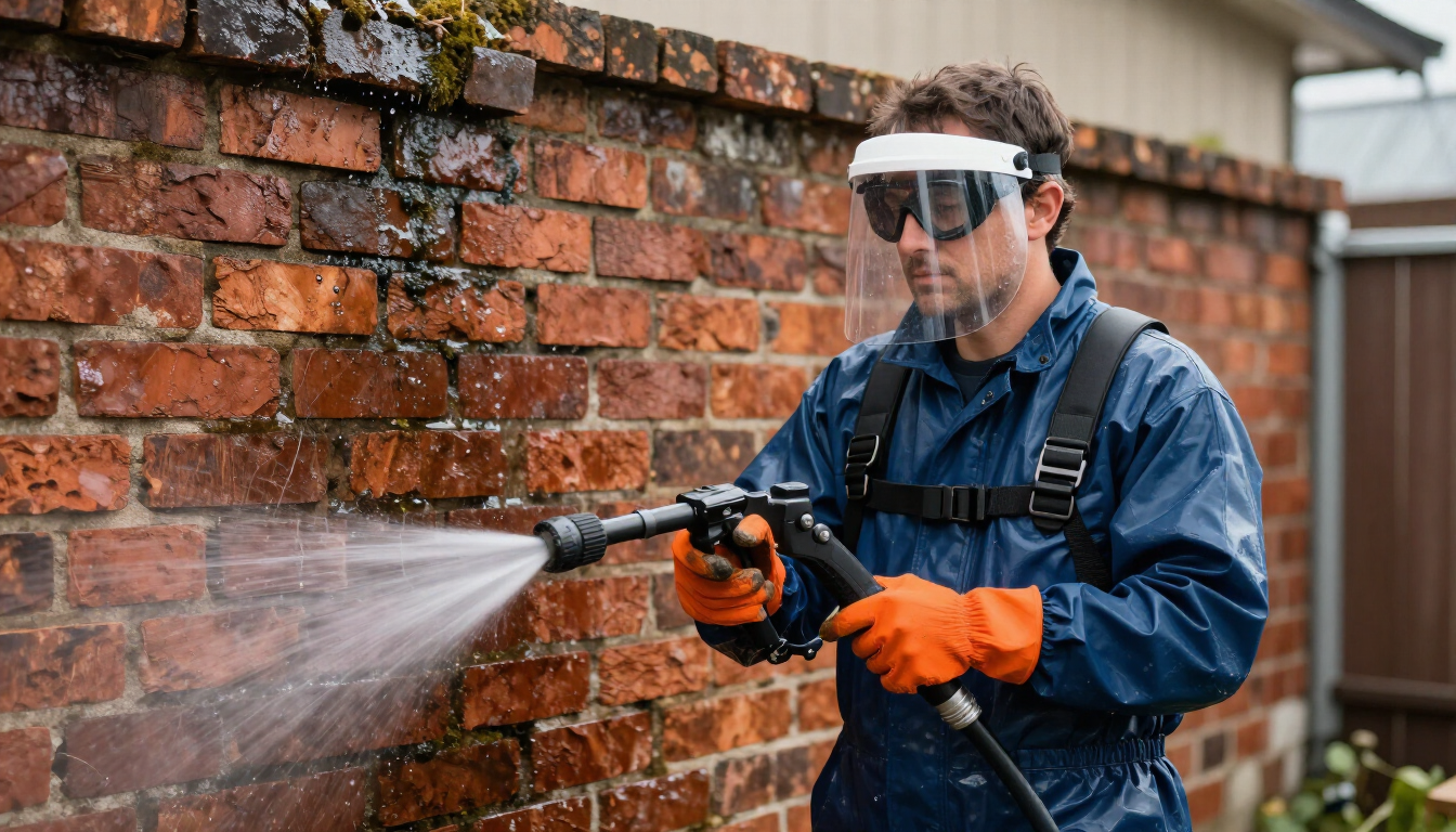 Worker in blue coveralls pressure-washing a brick wall, wearing face shield and orange gloves.
