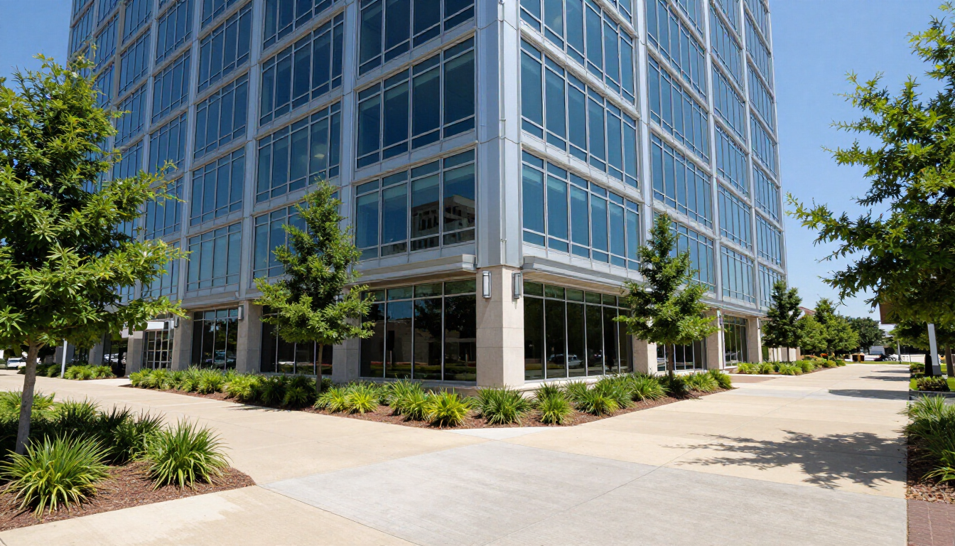 Modern glass office building beside a landscaped walkway on a sunny day
