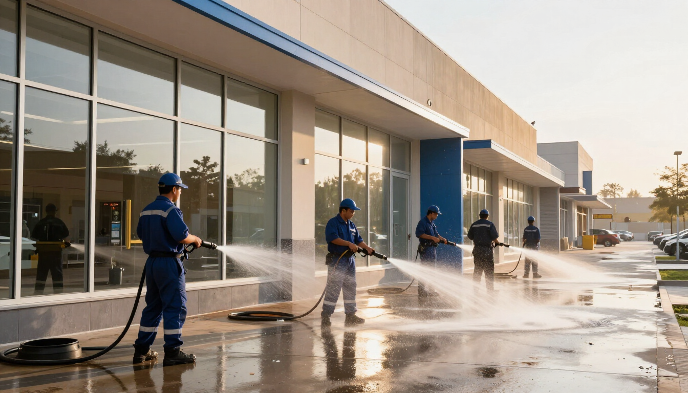 Workers in blue uniforms pressure-wash a storefront walkway beside large glass windows.