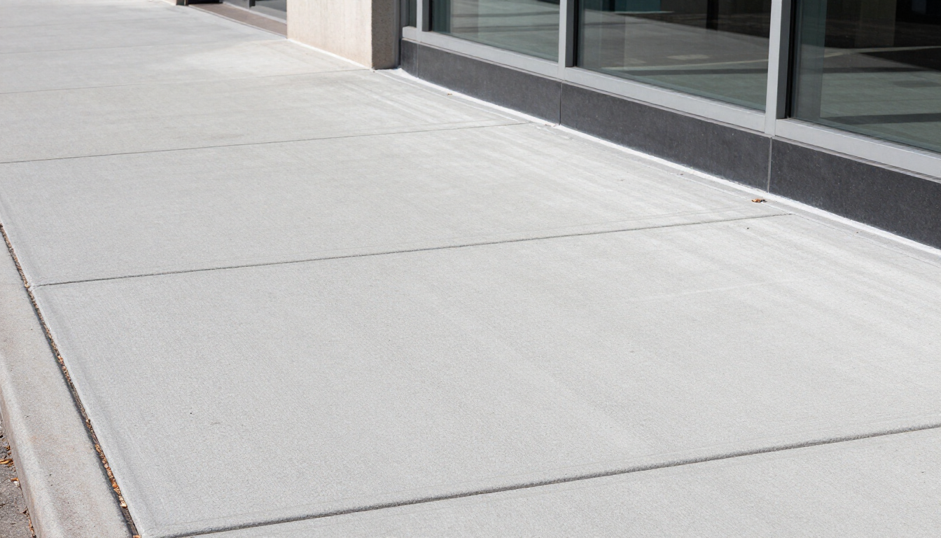 Empty concrete sidewalk beside a glass-fronted building wall