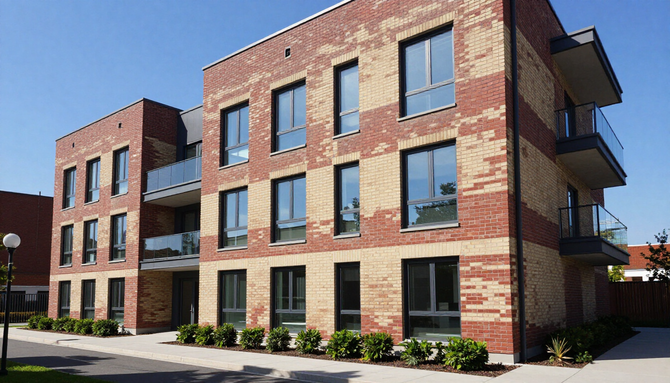 Brick-and-stucco apartment building with large windows and a sidewalk in front