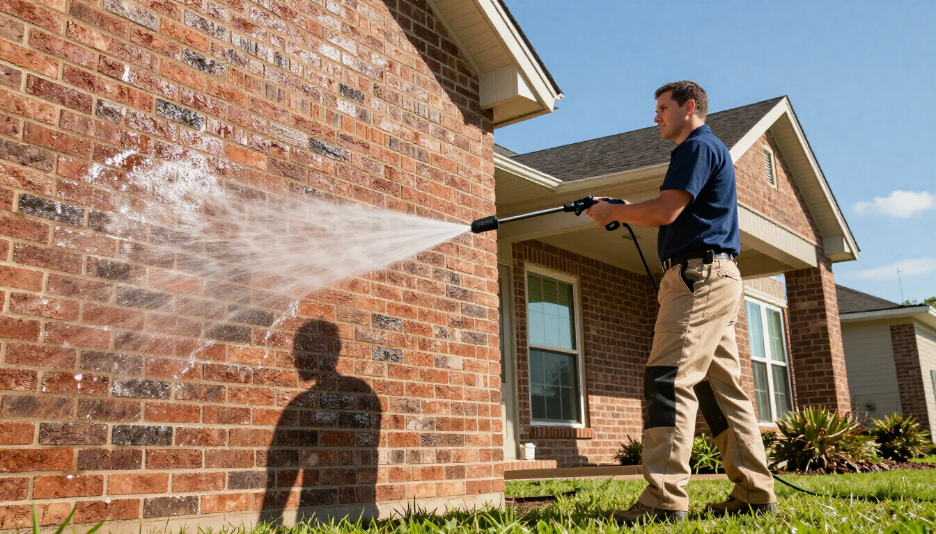 Man spraying water on a brick house wall with a pressure washer in a sunny yard