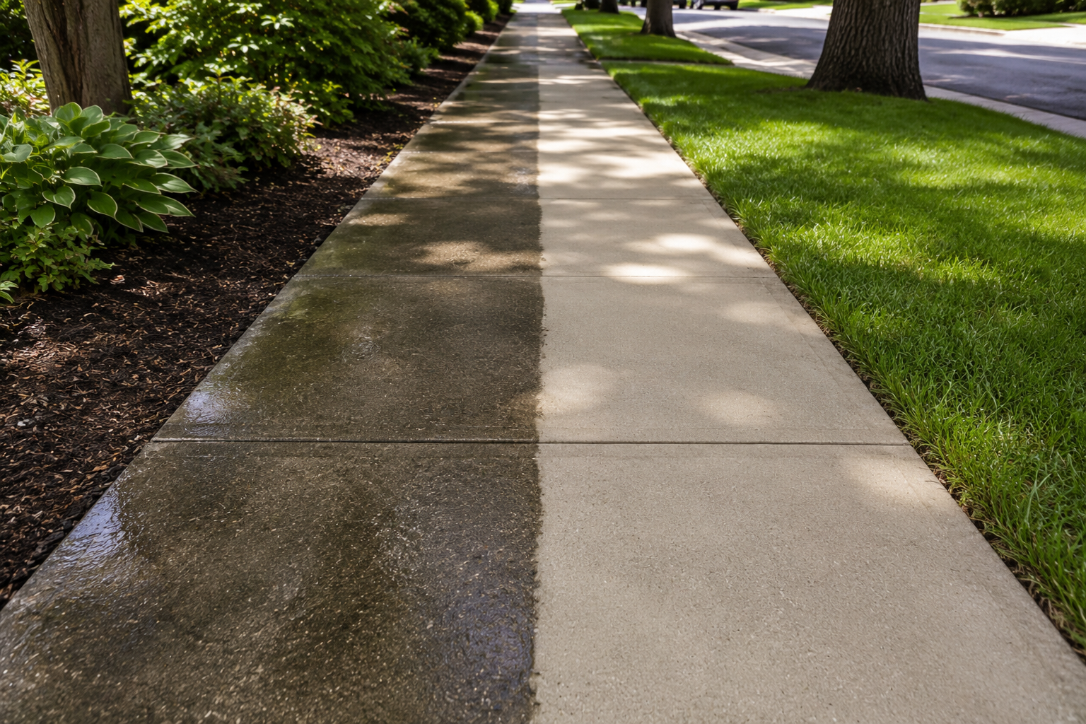 Sidewalk split between wet and dry concrete beside green grass and shrubs in sunlight