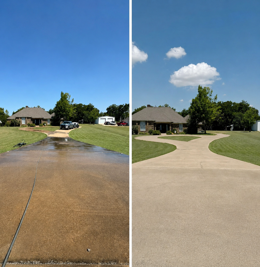 Split view of a wet driveway and the same driveway after resurfacing, leading to a house under a blue sky.